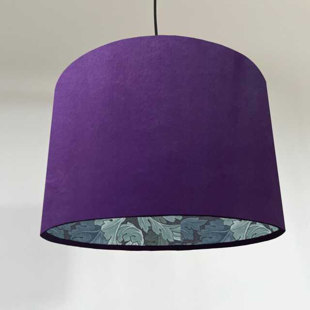 Purple Velvet Drum Lampshade, With William Morris Blue Leaves Paper Interior, Ceiling Light Shade - image 1