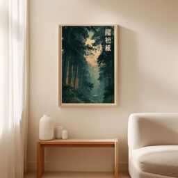 Japanese Cedar Forest Poster, Shrine Landscape Print, Nature Wall Art - thumbnail 3