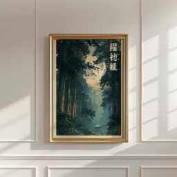 Japanese Cedar Forest Poster, Shrine Landscape Print, Nature Wall Art - thumbnail 2