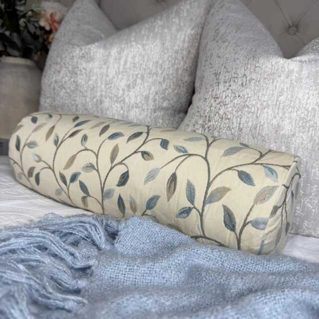 "Country Style Bolster Cushion Cream & Duck Egg Leaf Trail Design - Voyage Fabric 16"" X 6" - image 1