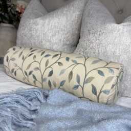 "Country Style Bolster Cushion Cream & Duck Egg Leaf Trail Design - Voyage Fabric 16"" X 6"
