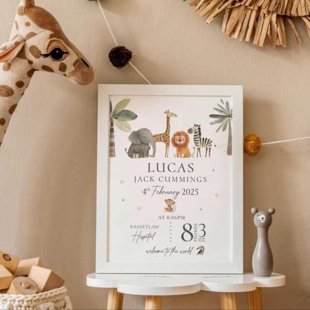 Personalised Baby Birth Print Keepsake Gift For Baby, Safari Jungle Animal Neutral Nursery Theme - image 1