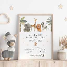 Personalised Baby Birth Print Keepsake Gift For Baby, Safari Jungle Animal Neutral Nursery Theme - thumbnail 2