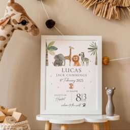 Personalised Baby Birth Print Keepsake Gift For Baby, Safari Jungle Animal Neutral Nursery Theme - thumbnail 1