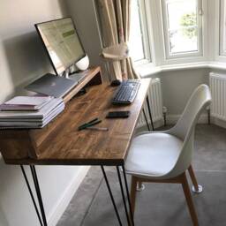 Reclaimed Wood Desk With Monitor Stand Industrial Hairpin Leg - thumbnail 3
