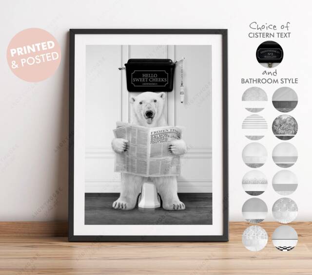 Black & White Print Polar Bear On Toilet With Newspaper, Victorian Toilet, Funny Bathroom Print, Animal Paper - image 1