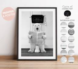 Black & White Print Polar Bear On Toilet With Newspaper, Victorian Toilet, Funny Bathroom Print, Animal Paper - thumbnail 1