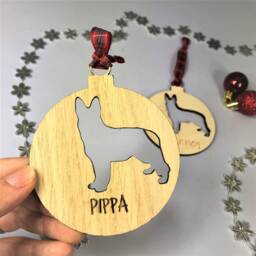 Personalised Dog Christmas Bauble. Tree Pet Decoration. Laser Cut Alsatian, German Shepard Festive