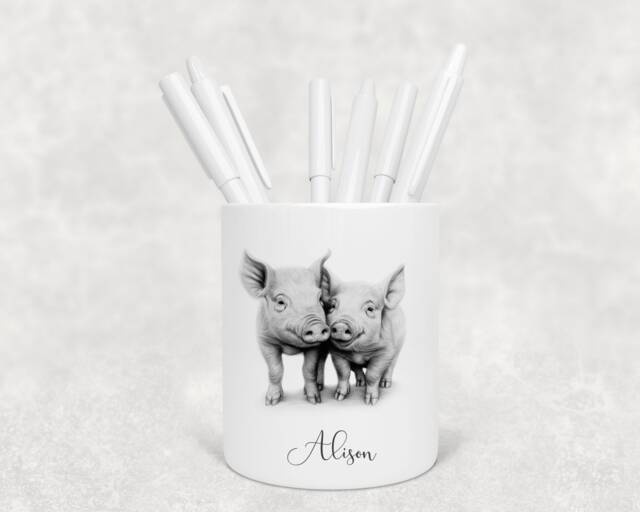 Personalised Pig Pencil Pot, Sketched Drawing, Makeup Brush Holder - image 1