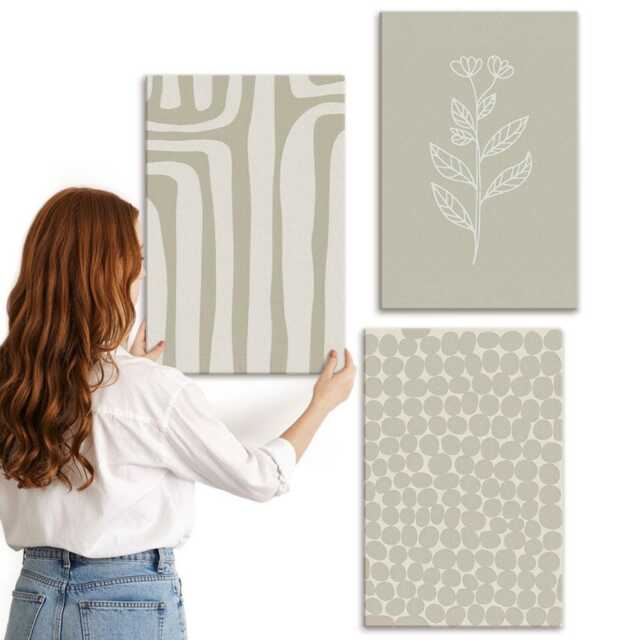 Canvas Set Of 3 - Plant & Geometric Patterns in Subdued Colors, Green Wall Art Large, Natural Textures Decor - image 1
