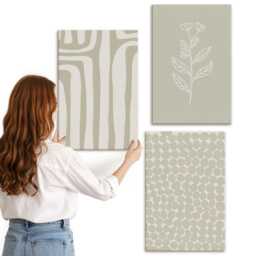 Canvas Set Of 3 - Plant & Geometric Patterns in Subdued Colors, Green Wall Art Large, Natural Textures Decor - thumbnail 1
