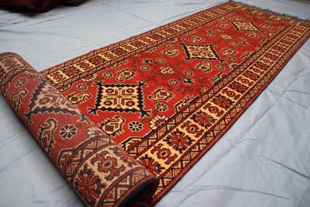 13 Ft Tribal Runner Rug Orange Red Afghan Hand Knotted Veg Dyes Wool Runner, Oriental Turkmen Rug, Geometric Boho Long Hallway - image 1