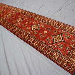 13 Ft Tribal Runner Rug Orange Red Afghan Hand Knotted Veg Dyes Wool Runner, Oriental Turkmen Rug, Geometric Boho Long Hallway - thumbnail 3