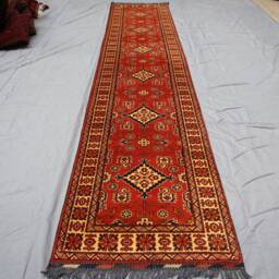 13 Ft Tribal Runner Rug Orange Red Afghan Hand Knotted Veg Dyes Wool Runner, Oriental Turkmen Rug, Geometric Boho Long Hallway - thumbnail 2
