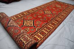 13 Ft Tribal Runner Rug Orange Red Afghan Hand Knotted Veg Dyes Wool Runner, Oriental Turkmen Rug, Geometric Boho Long Hallway - thumbnail 1