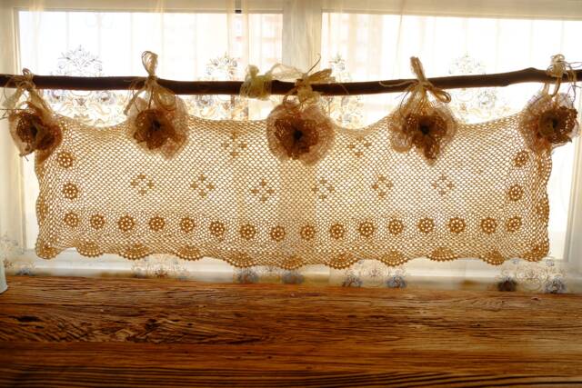 Shabby Chic Burlap Crochet Lace Valance French Country Kitchen Window Decor - image 1