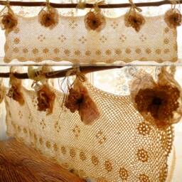 Shabby Chic Burlap Crochet Lace Valance French Country Kitchen Window Decor - thumbnail 2