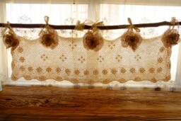 Shabby Chic Burlap Crochet Lace Valance French Country Kitchen Window Decor - thumbnail 1