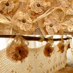 Shabby Chic Burlap Crochet Lace Valance French Country Kitchen Window Decor - thumbnail 3