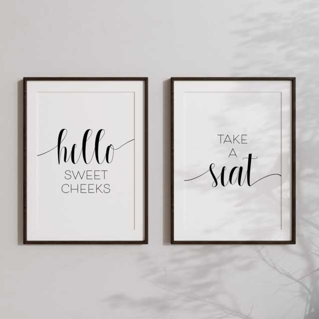 Set Of 2 Bathroom Prints - Modern Neutral Wall Art Minimalist Decor Boho Toilet Room Hello Sweet Cheeks - image 1