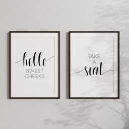 Set Of 2 Bathroom Prints - Modern Neutral Wall Art Minimalist Decor Boho Toilet Room Hello Sweet Cheeks - thumbnail 1