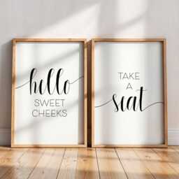 Set Of 2 Bathroom Prints - Modern Neutral Wall Art Minimalist Decor Boho Toilet Room Hello Sweet Cheeks - thumbnail 2