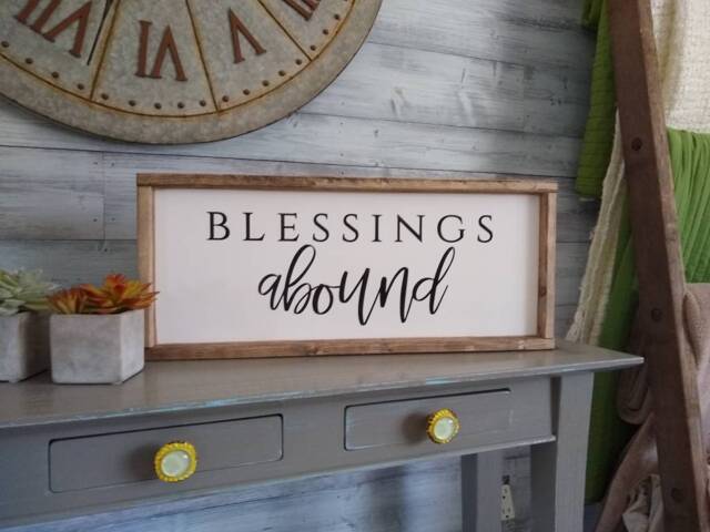 Blessings Abound, Wooden Sign, Wall Decor, Home, Blessed, Thankful, Christian Art, Wood Home Vintage, Frame, Hand Painted - image 1