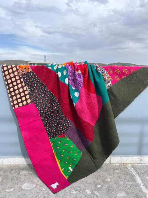 Indian Patchwork Reversible Block Print Cotton Kantha Quilt Handmade Bedding - image 1