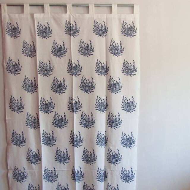 Hand Block Printed Cotton Tab Top Curtains, Loop Curtains, Boho , Bohemian Print, Blue , White, Floral Print, Navy Blue - image 1