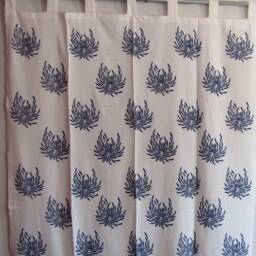 Hand Block Printed Cotton Tab Top Curtains, Loop Curtains, Boho , Bohemian Print, Blue , White, Floral Print, Navy Blue - thumbnail 3