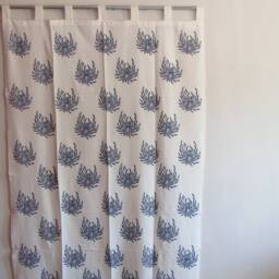 Hand Block Printed Cotton Tab Top Curtains, Loop Curtains, Boho , Bohemian Print, Blue , White, Floral Print, Navy Blue - thumbnail 1