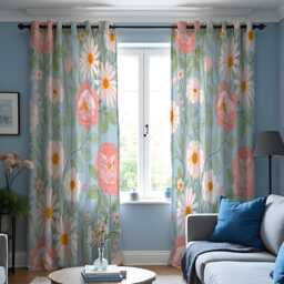Floral Blue Curtains With Pink Peonies & Daisies, Botanical Print Drapes, Made To Measure Window Panels, Eyelet Or Rod Pocket Options - thumbnail 3