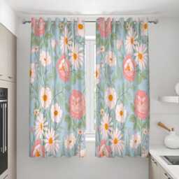 Floral Blue Curtains With Pink Peonies & Daisies, Botanical Print Drapes, Made To Measure Window Panels, Eyelet Or Rod Pocket Options - thumbnail 2