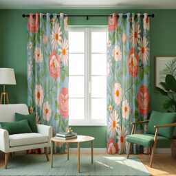 Floral Blue Curtains With Pink Peonies & Daisies, Botanical Print Drapes, Made To Measure Window Panels, Eyelet Or Rod Pocket Options - thumbnail 4