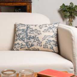 Cow Parsley Boudoir Cushion in Denim Blue & Natural Beige. Cottagecore Botanical Leaves & Flowers Design. 17x12 - thumbnail 1