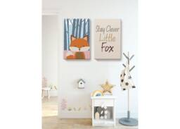 Fox Printed Canvas. Art Quotes Decor. Stay Clever Wall Art. Canvas Illustration. Little Nursery Baby Room Set Of 2 - thumbnail 1