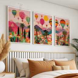 Hot Air Balloon Wall Art Set Of 3, Colorful Mountain Poster Trio, Boho Decor, Rainbow Forest Print, Whimsical Travel - thumbnail 3