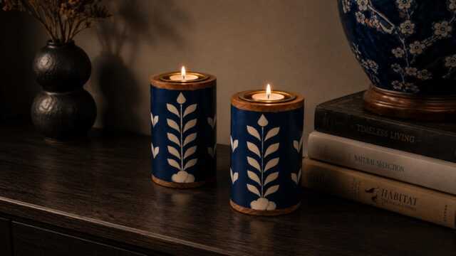 Handmade Bone Inlay Candle Holder Set - Decorative Home Accent - image 1