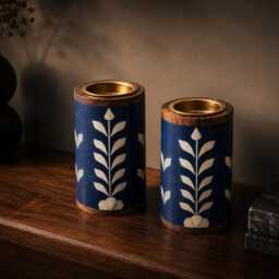 Handmade Bone Inlay Candle Holder Set - Decorative Home Accent - thumbnail 2