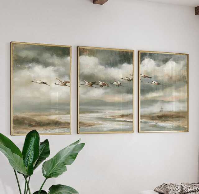Crane Mountain Trio, Misty Landscape Wall Art Set - image 1