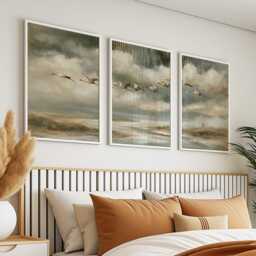 Crane Mountain Trio, Misty Landscape Wall Art Set - thumbnail 3