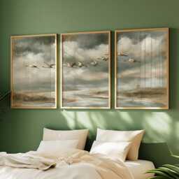 Crane Mountain Trio, Misty Landscape Wall Art Set - thumbnail 2