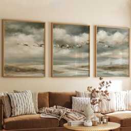 Crane Mountain Trio, Misty Landscape Wall Art Set - thumbnail 4