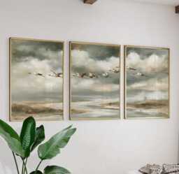 Crane Mountain Trio, Misty Landscape Wall Art Set - thumbnail 1