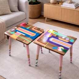 Rainbow Epoxy Resin Side Table, Funky Geometric Art Decor - thumbnail 2
