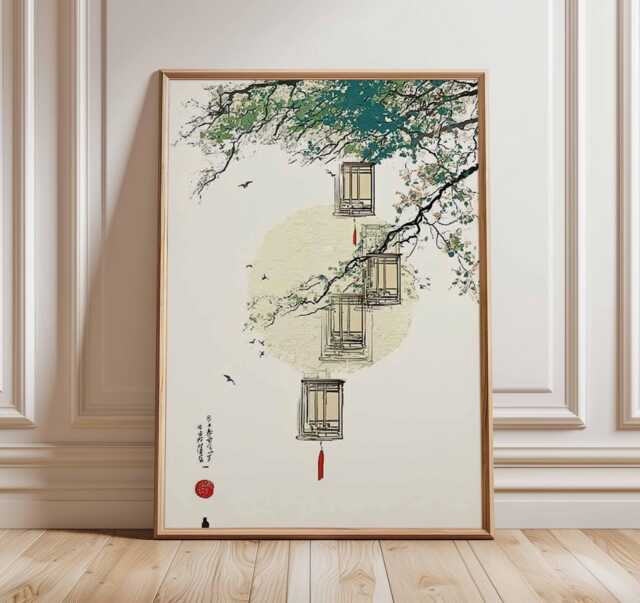 Japanese Lantern Wall Art, Asian Inspired Print With Blossom Tree, Oriental Minimalist Home Decor Poster - image 1