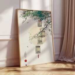 Japanese Lantern Wall Art, Asian Inspired Print With Blossom Tree, Oriental Minimalist Home Decor Poster - thumbnail 2