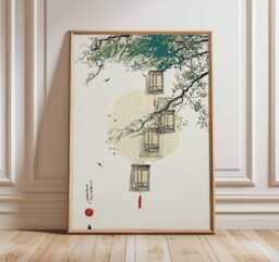 Japanese Lantern Wall Art, Asian Inspired Print With Blossom Tree, Oriental Minimalist Home Decor Poster - thumbnail 1