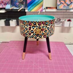 Mint Green & Pink Leopard Round Bedside Table . Fun Bright Home Decor Ideal For Nightstand Or Side Table. Cheetah Print Gold Design