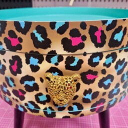 Mint Green & Pink Leopard Round Bedside Table . Fun Bright Home Decor Ideal For Nightstand Or Side Table. Cheetah Print Gold Design - thumbnail 3
